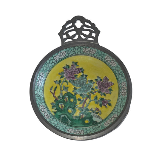 Canton Ware Hand-Painted Porcelain Ashtray with Pewter Handle | Made in Japan | 11" x 8"
