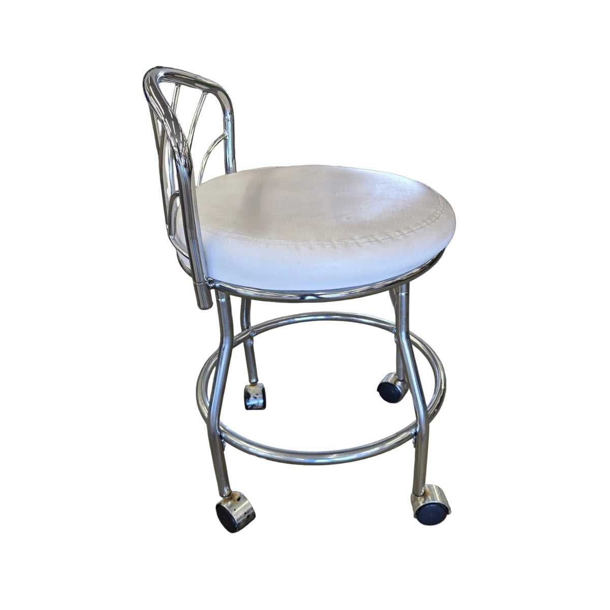 Faux Leather & Polished Chrome Vanity Chair | Rolling | 17" x 27" | Glam Bedroom & Makeup