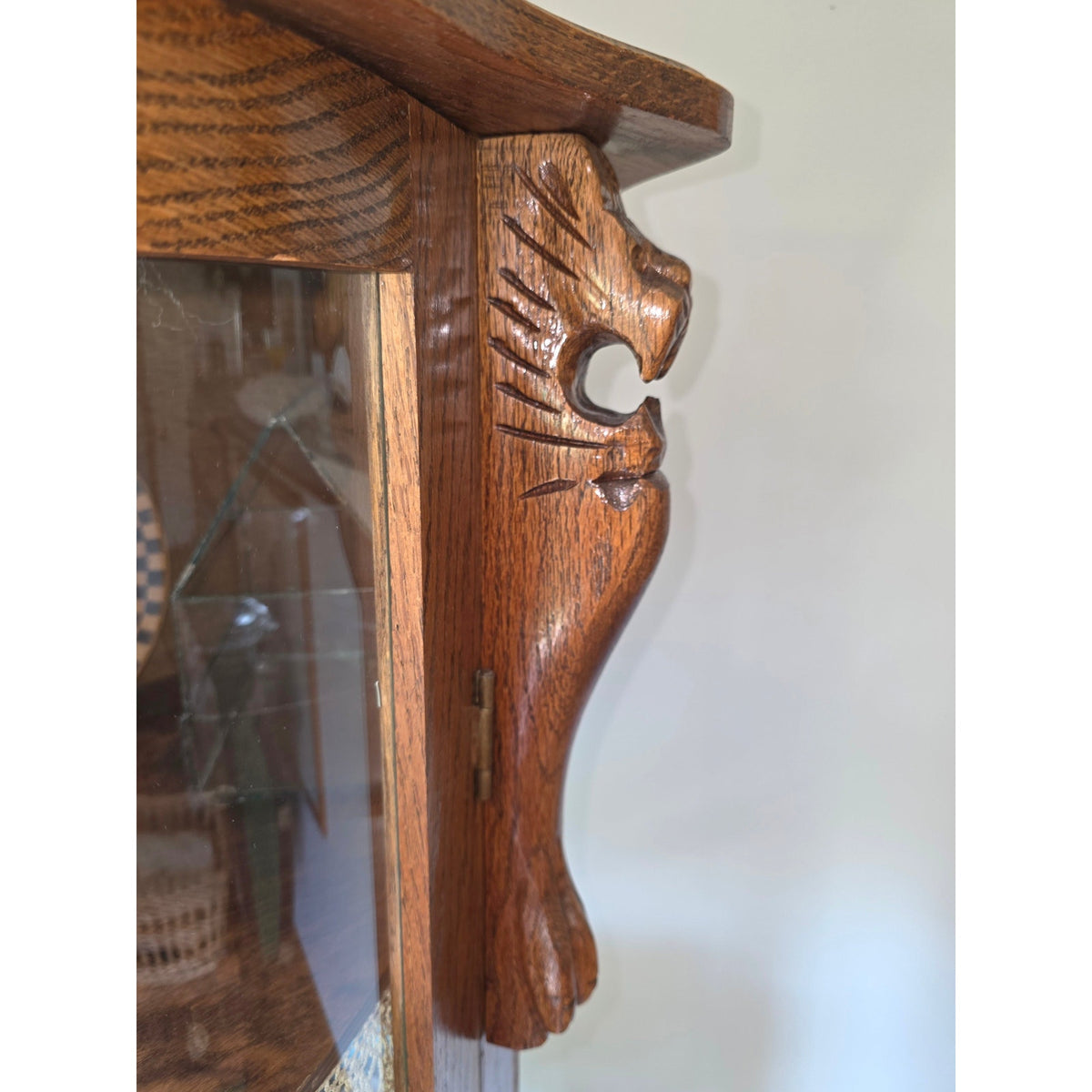 Antique Oak Curio Cabinet | Carved Lion's Head & Claw Feet | Curved Glass | 34.5" x 61.5"