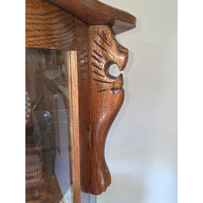 Antique Oak Curio Cabinet | Carved Lion's Head & Claw Feet | Curved Glass | 34.5" x 61.5"