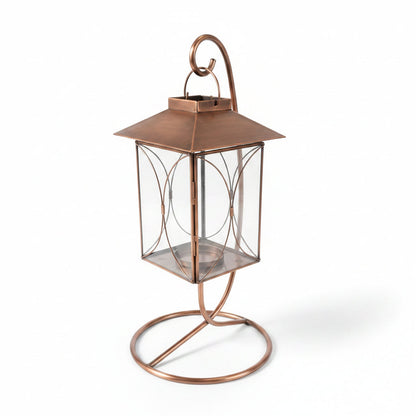 Copper Lantern on Hanging Stand | 8" x 18.5" | Indoor & Outdoor Decorative Accent