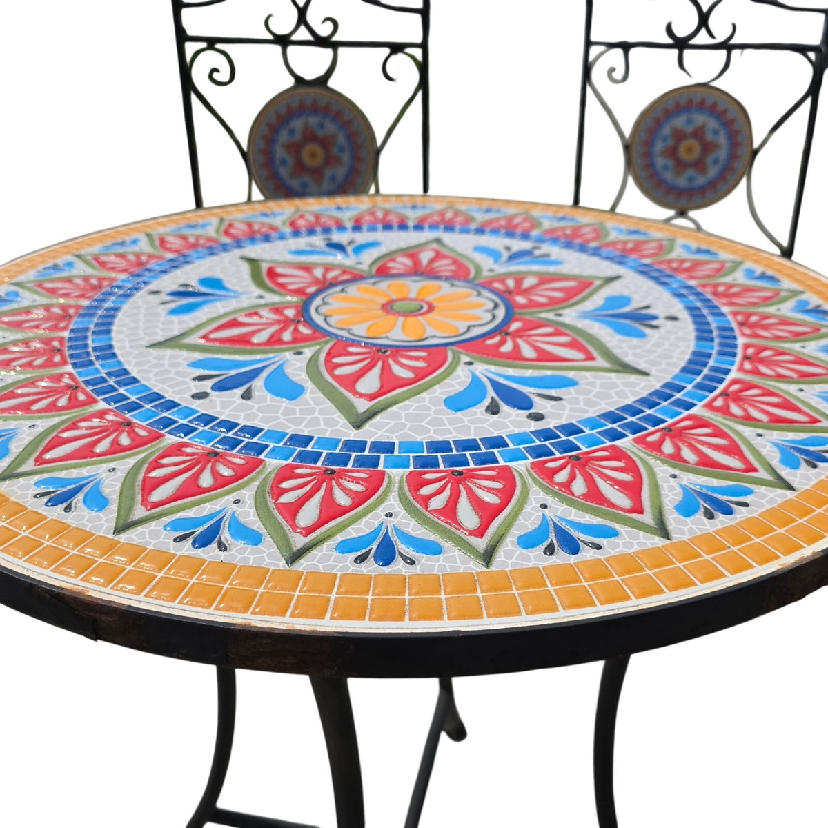 Delightful Black Metal Bistro Table & Chair Set with Colorful Mosaic Tile Accents