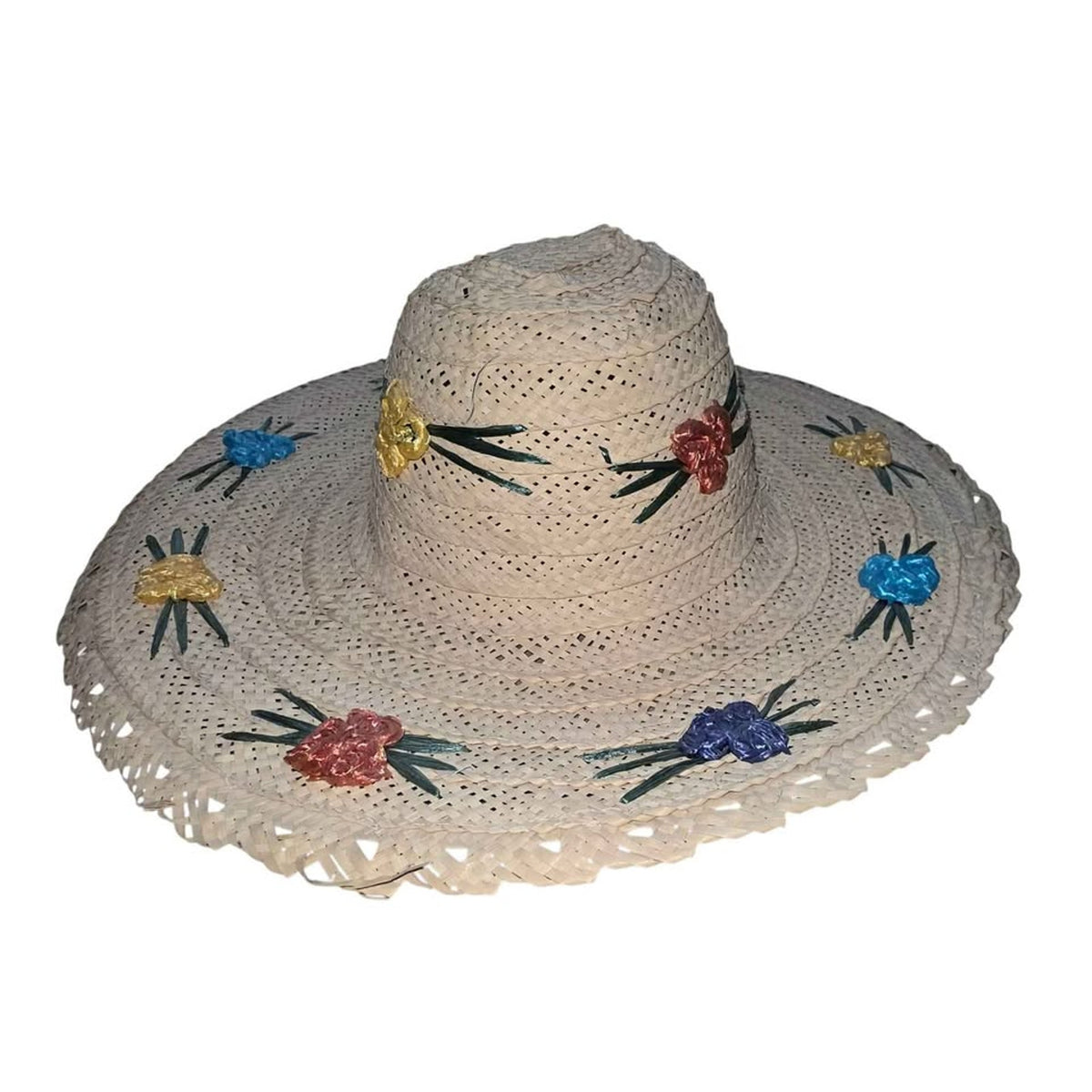 Ladies Straw Hat with Floral Accents & Leather Top | 18" Sun Hat