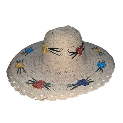 Ladies Straw Hat with Floral Accents & Leather Top | 18" Sun Hat