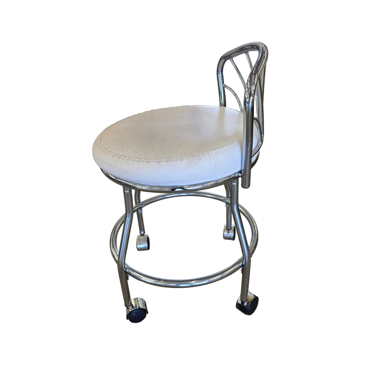 Faux Leather & Polished Chrome Vanity Chair | Rolling | 17" x 27" | Glam Bedroom & Makeup