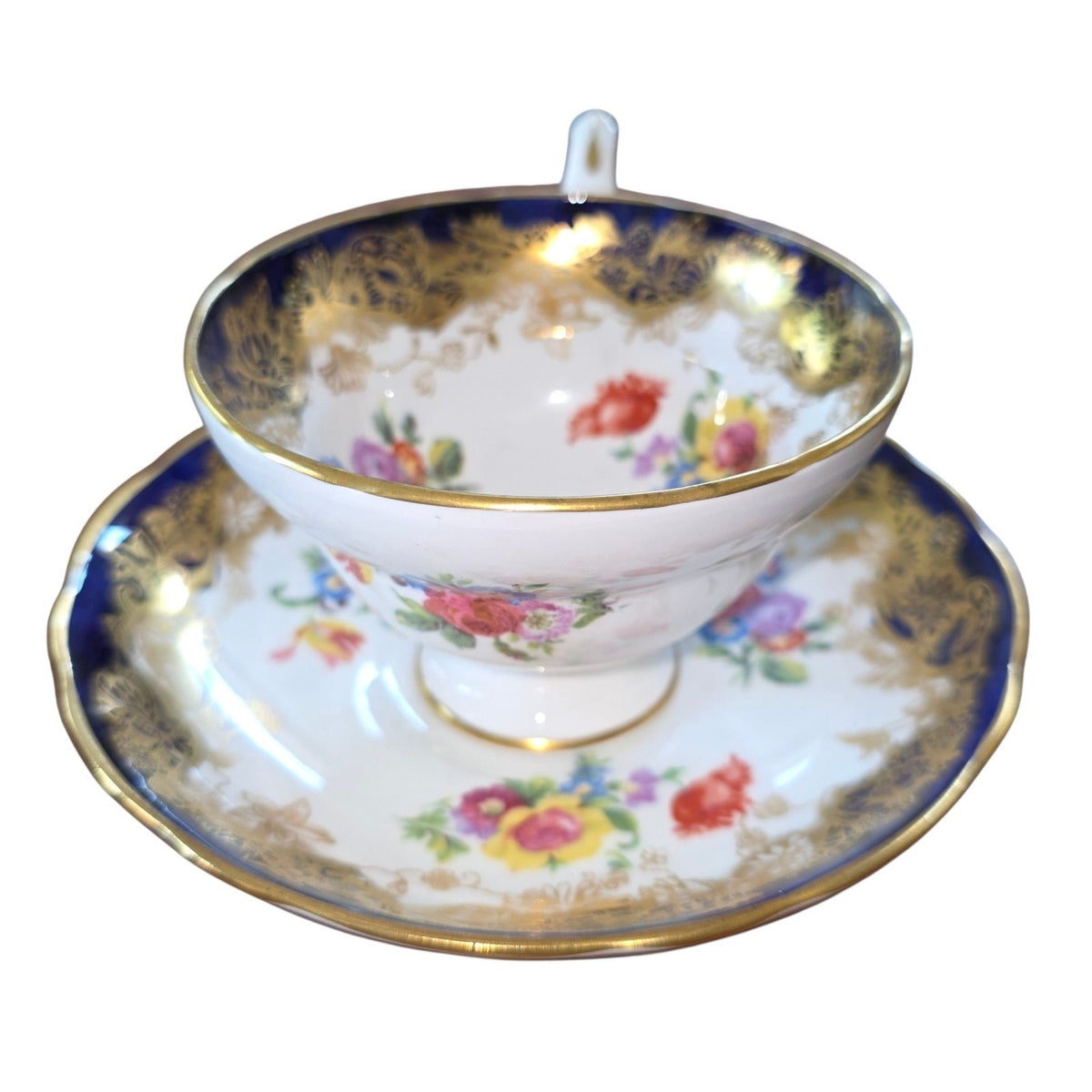 Vintage Hammersley Bone China Teacup & Saucer | Cobalt Blue & Gold Floral
