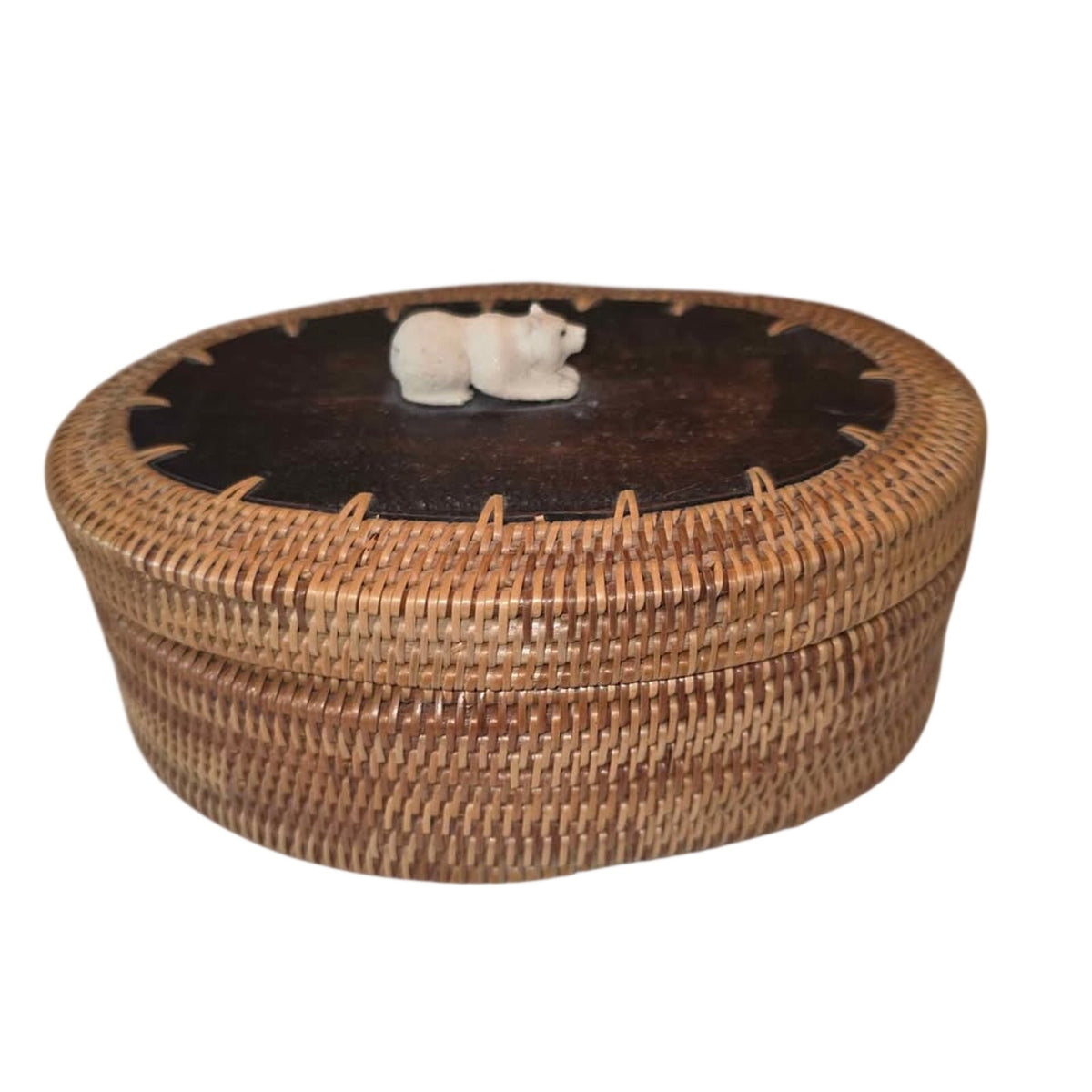 Vintage Handwoven Basket with Leather Lid & Carved Bear Detail