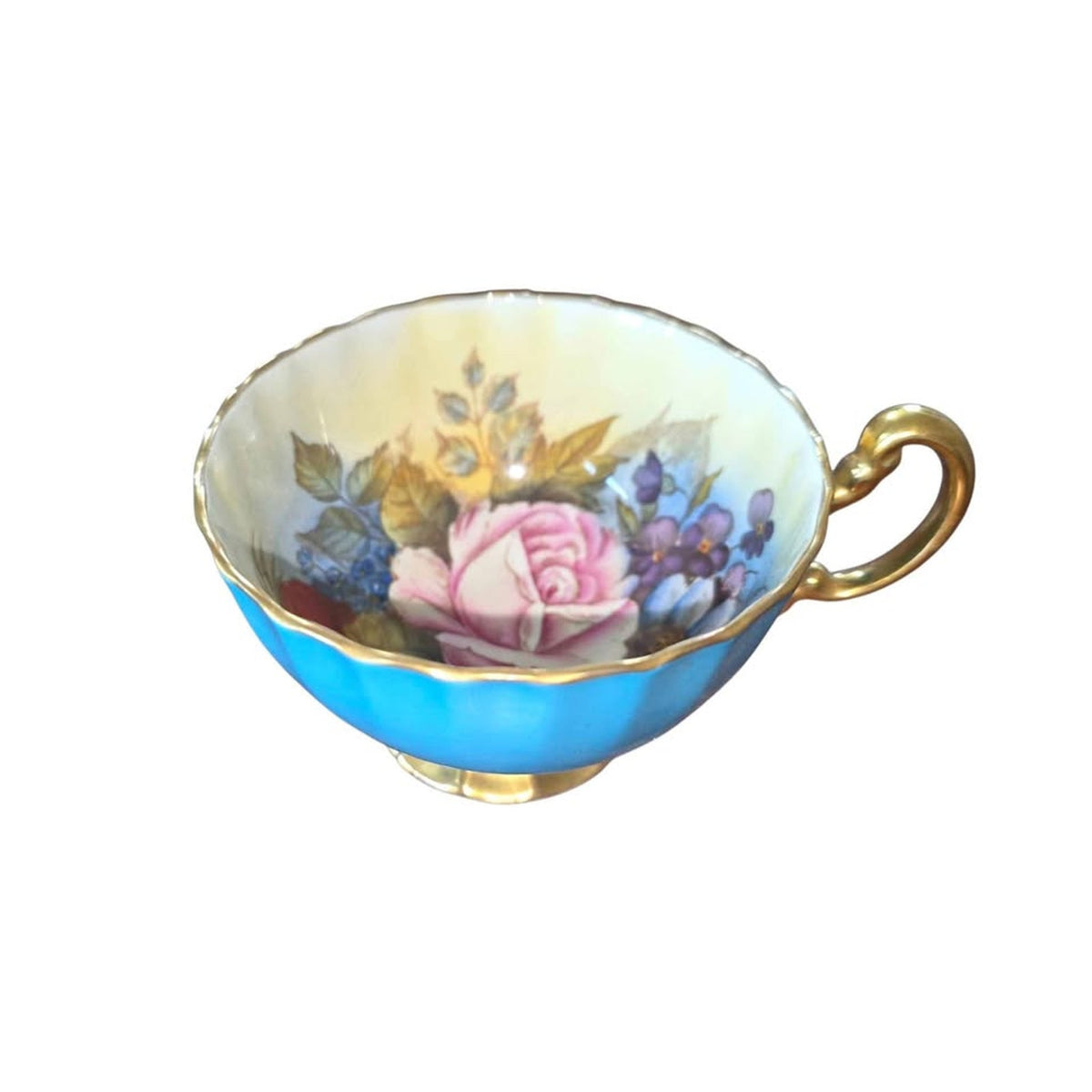 Aynsley Teacup | Signed J.A. Bailey | Hand-Painted Cabbage Rose | Teal & Gold