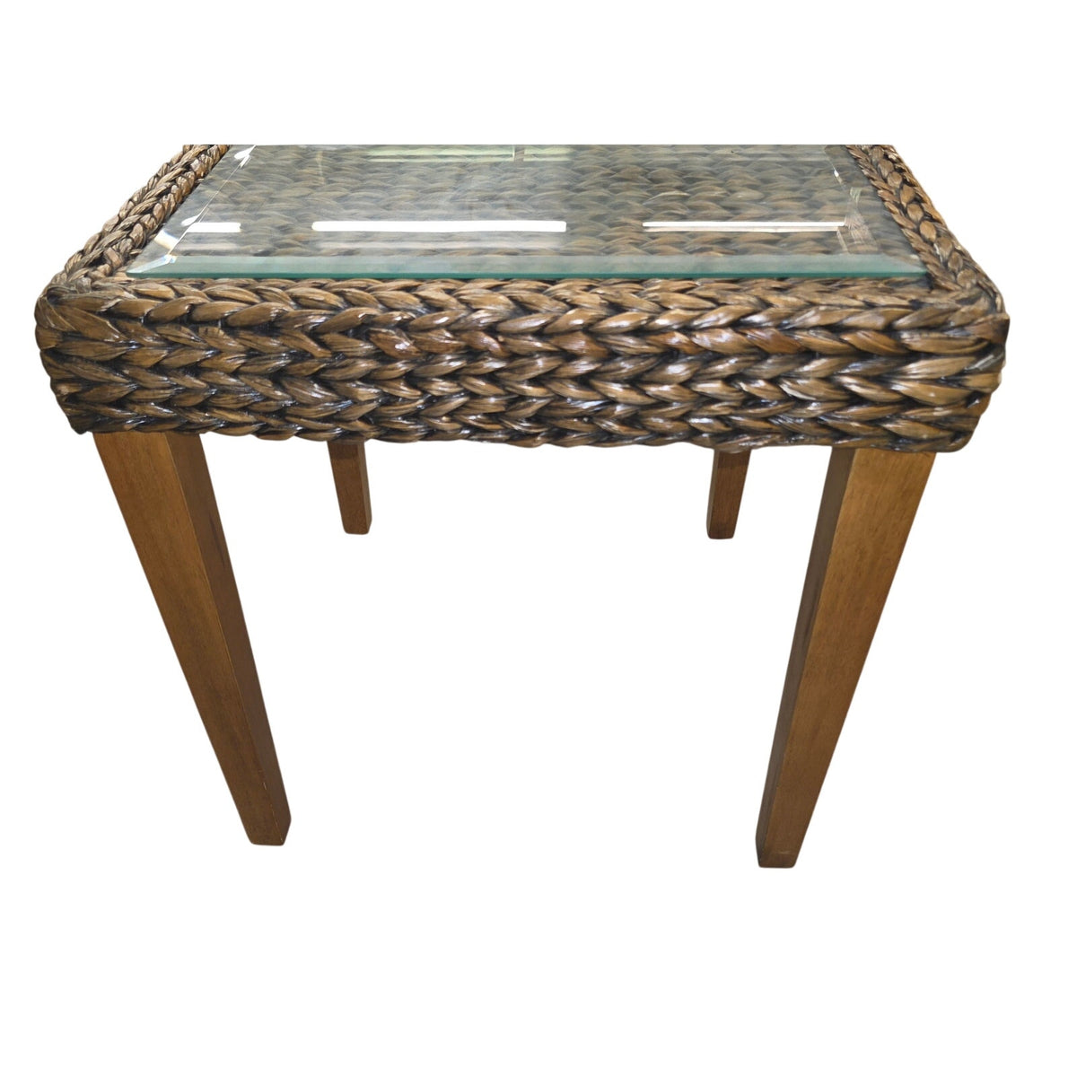 Seagrass Woven End Table with Glass Top | 20" Coastal Accent
