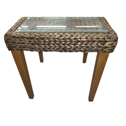 Seagrass Woven End Table with Glass Top | 20" Coastal Accent