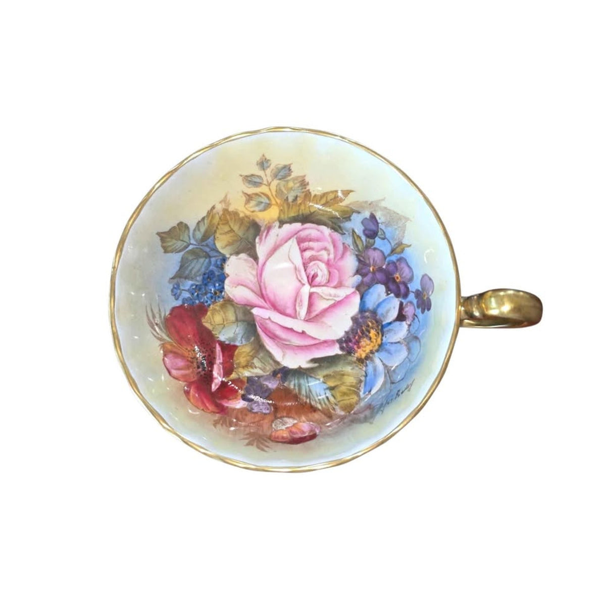 Aynsley Teacup | Signed J.A. Bailey | Hand-Painted Cabbage Rose | Teal & Gold