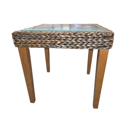 Seagrass Woven End Table with Glass Top | 20" Coastal Accent