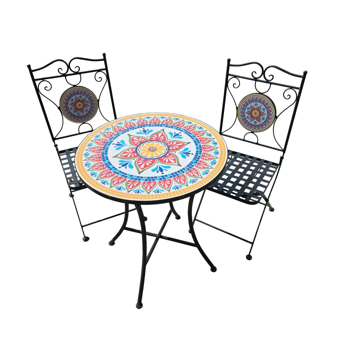 Delightful Black Metal Bistro Table & Chair Set with Colorful Mosaic Tile Accents