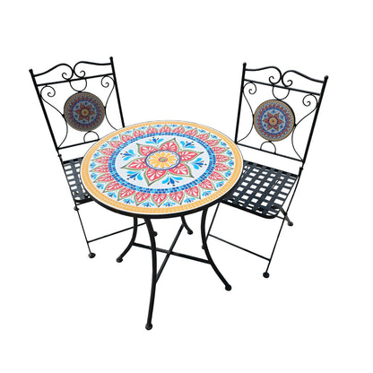 Delightful Black Metal Bistro Table & Chair Set with Colorful Mosaic Tile Accents