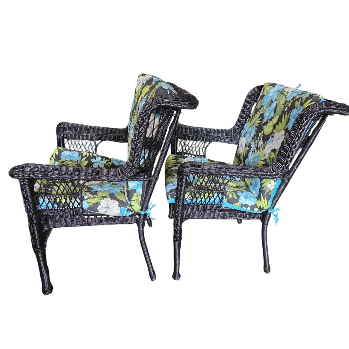 Black Rattan Patio Chairs with Floral Cushions | Set of 2