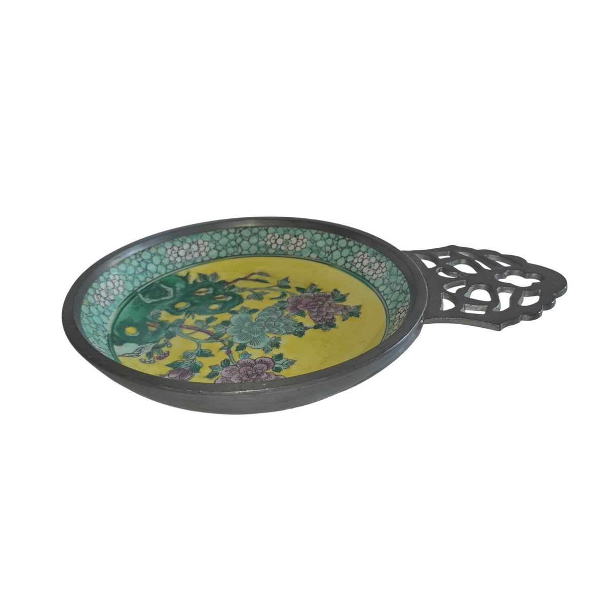 Canton Ware Hand-Painted Porcelain Ashtray with Pewter Handle | Made in Japan | 11" x 8"
