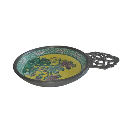 Canton Ware Hand-Painted Porcelain Ashtray with Pewter Handle | Made in Japan | 11" x 8"