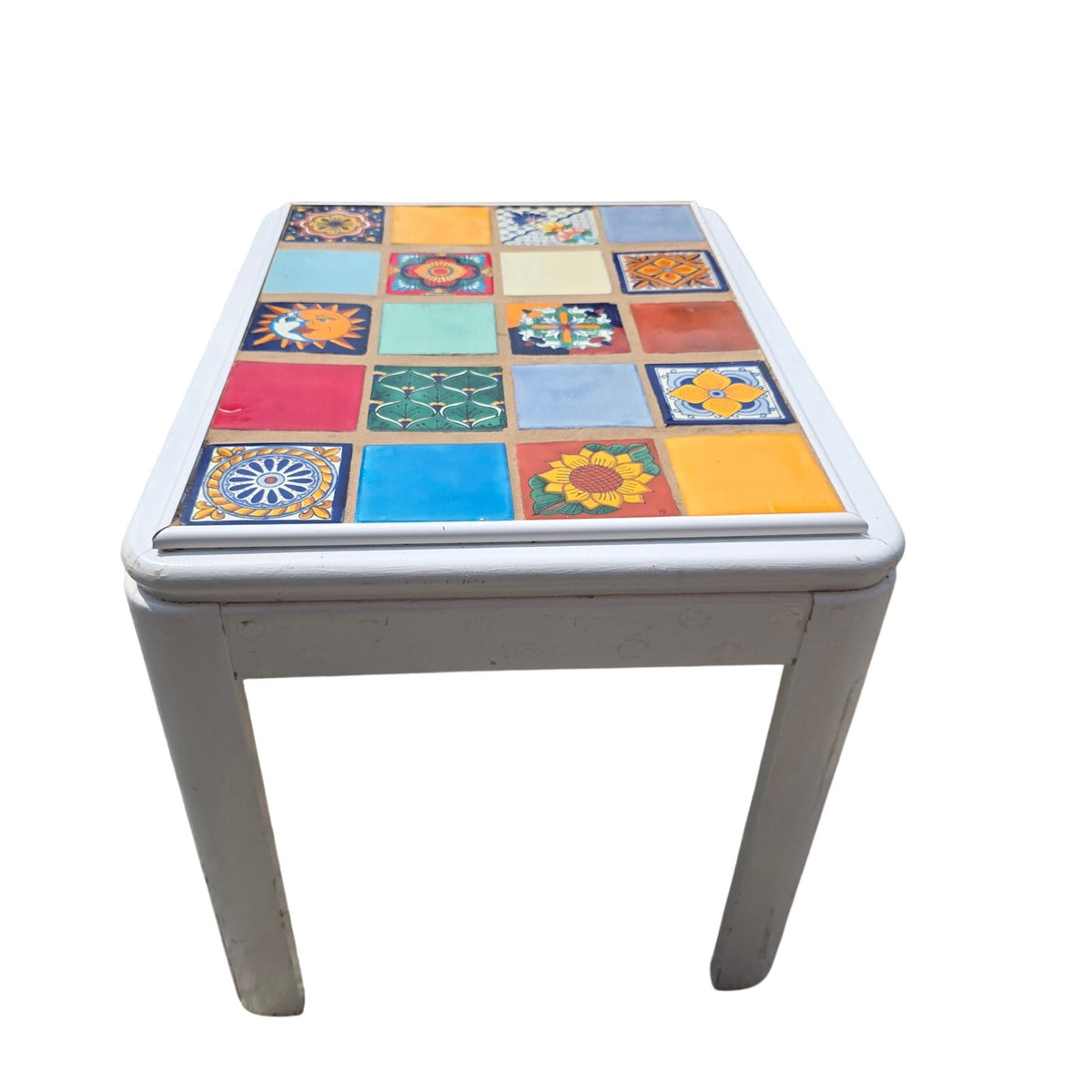 Whimsical White Wood Accent Table with Colorful Mosaic Tile Top