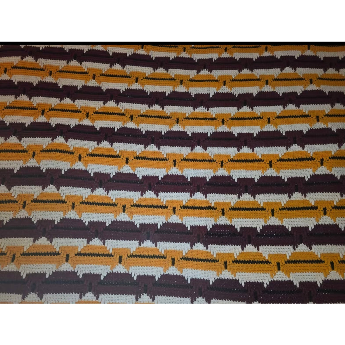 Vintage Hand-Crocheted Goldenrod & Brown Chevron Afghan | 83" x 48" | Boho Throw Blanket
