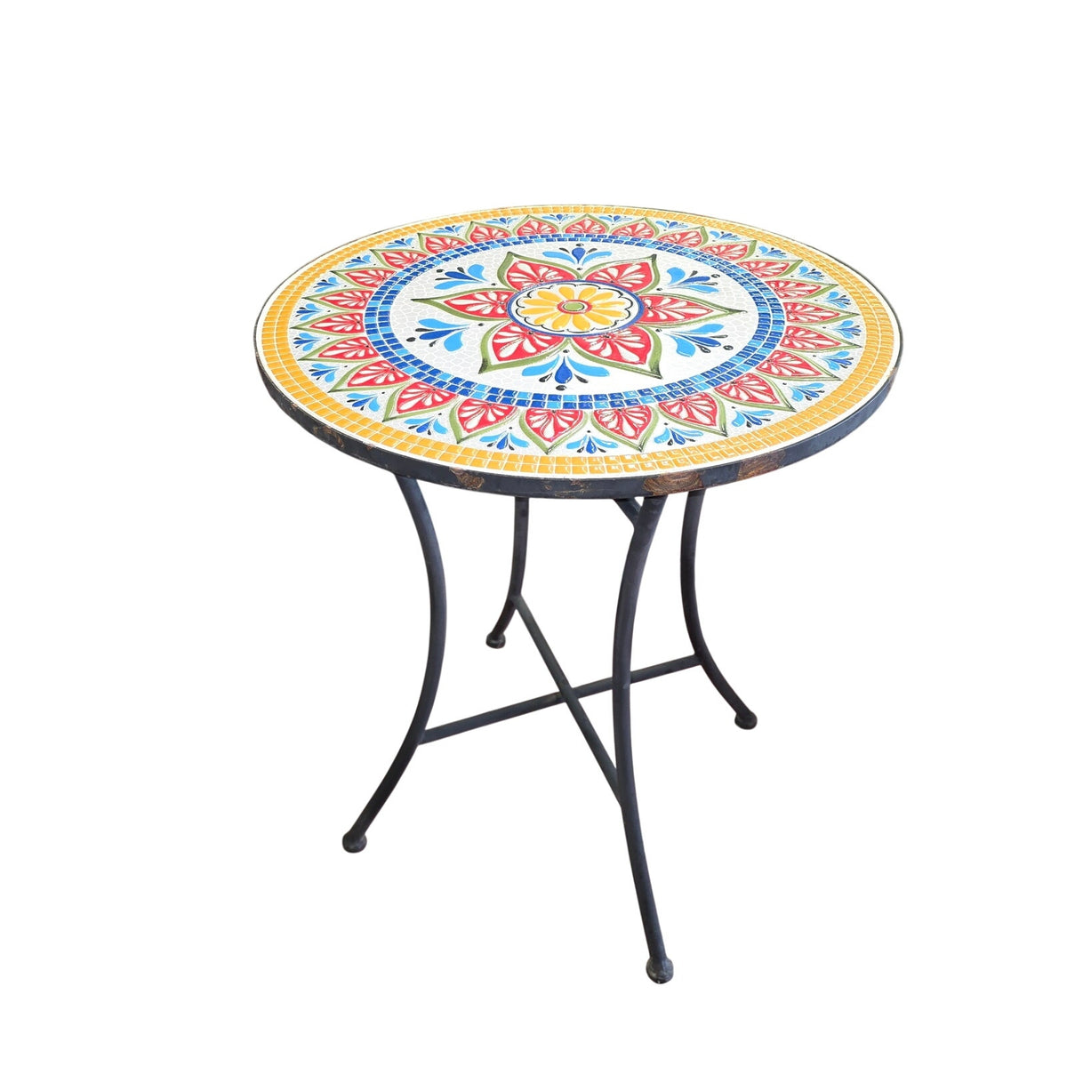 Delightful Black Metal Bistro Table & Chair Set with Colorful Mosaic Tile Accents