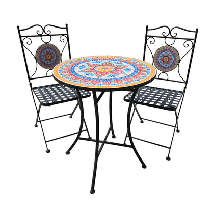 Delightful Black Metal Bistro Table & Chair Set with Colorful Mosaic Tile Accents