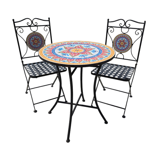 Delightful Black Metal Bistro Table & Chair Set with Colorful Mosaic Tile Accents